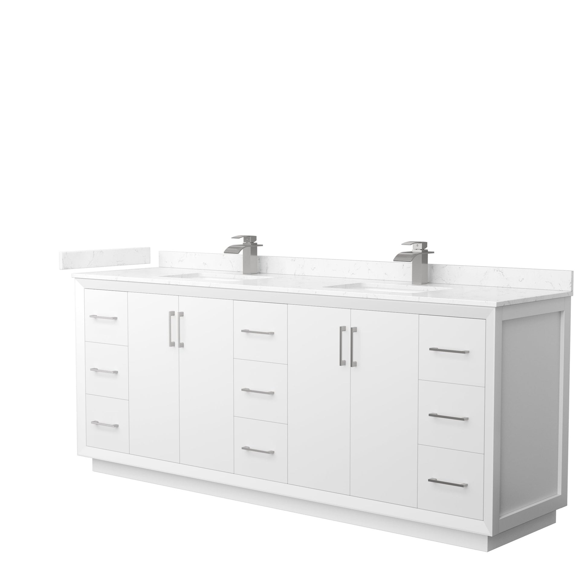 Wyndham Collection Strada 84" Double Bathroom Vanity in White, Carrara Cultured Marble Countertop, Undermount Square Sink, Brushed Nickel Trim