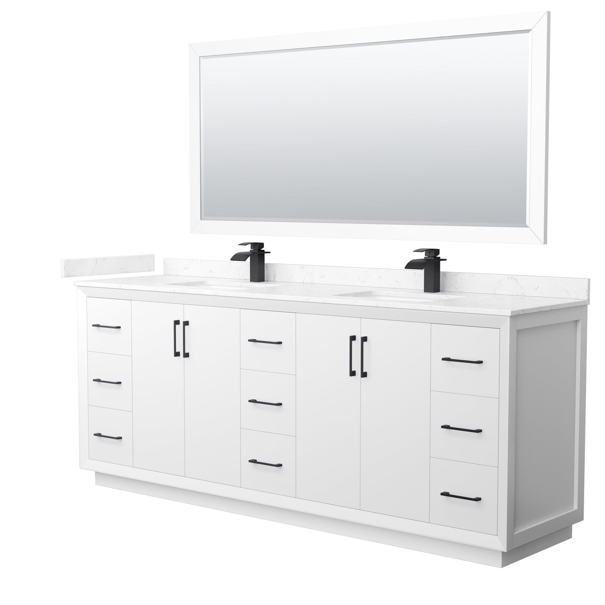 Wyndham Collection Strada 84" Double Bathroom Vanity in White, Carrara Cultured Marble Countertop, Undermount Square Sink, Matte Black Trim, 70" Mirror