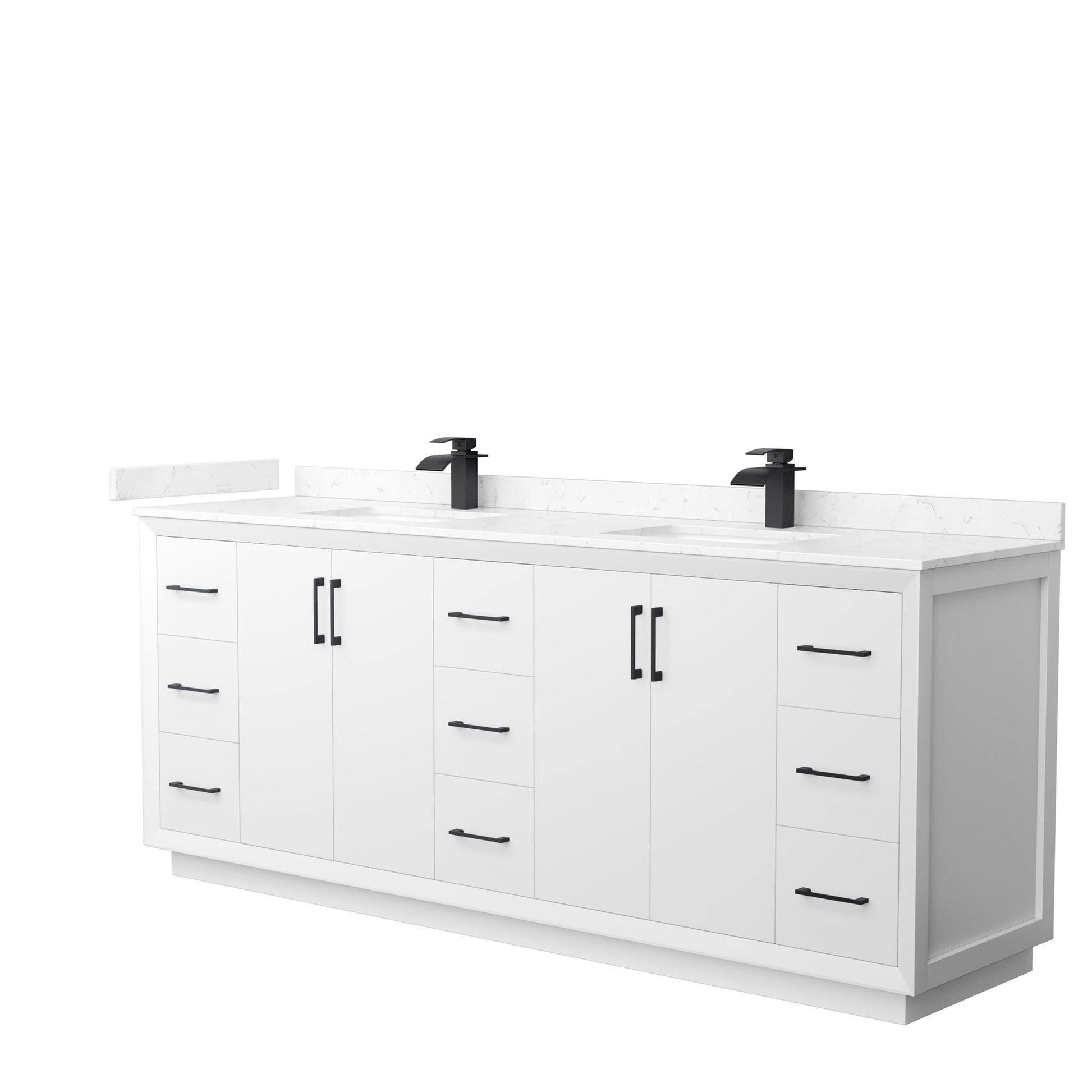 Wyndham Collection Strada 84" Double Bathroom Vanity in White, Carrara Cultured Marble Countertop, Undermount Square Sink, Matte Black Trim