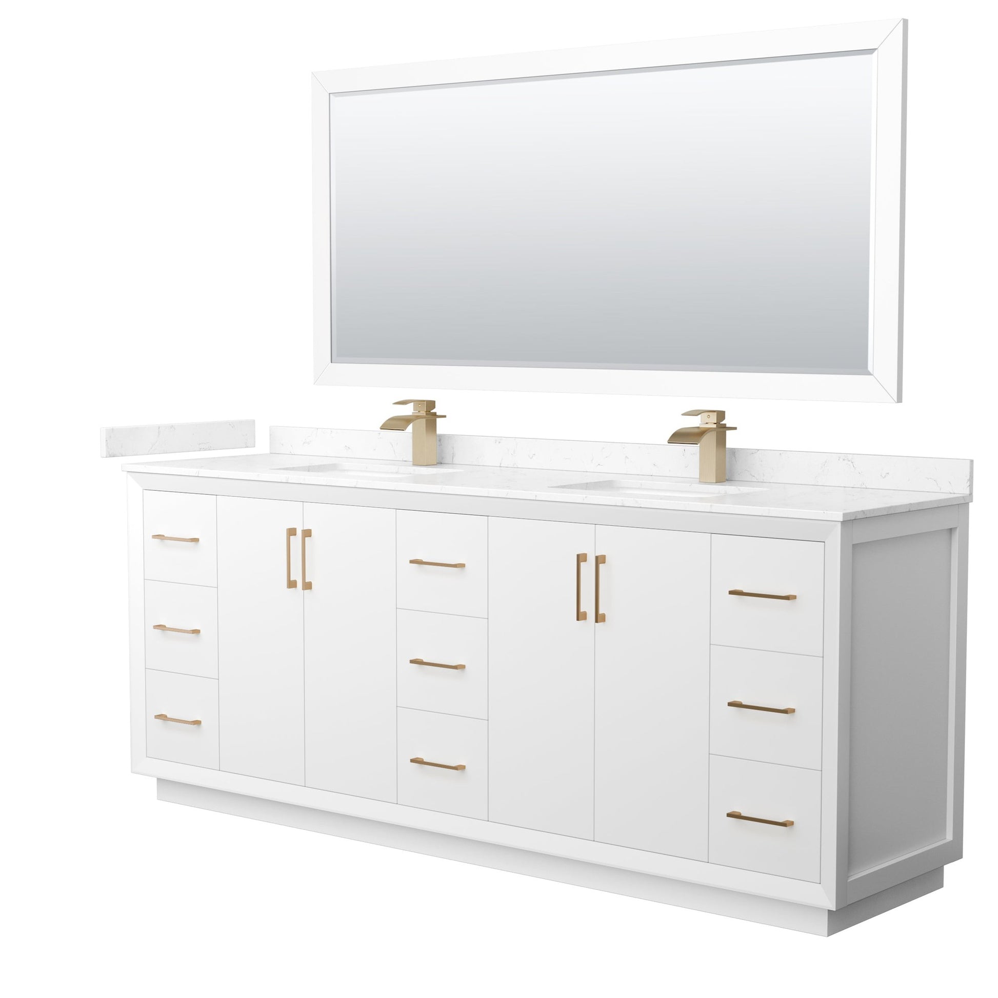 Wyndham Collection Strada 84" Double Bathroom Vanity in White, Carrara Cultured Marble Countertop, Undermount Square Sink, Satin Bronze Trim, 70" Mirror
