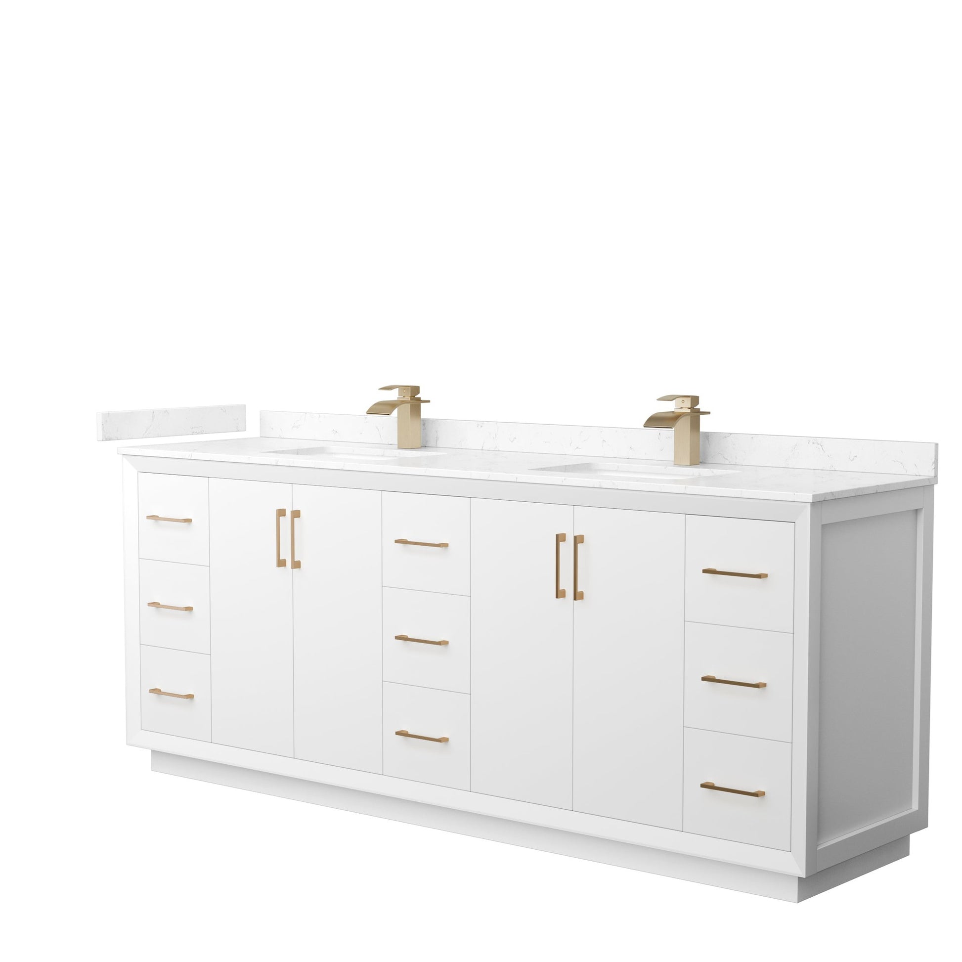 Wyndham Collection Strada 84" Double Bathroom Vanity in White, Carrara Cultured Marble Countertop, Undermount Square Sink, Satin Bronze Trim