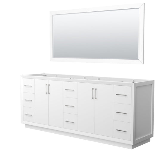 Wyndham Collection Strada 84" Double Bathroom Vanity in White, No Countertop, No Sink, Brushed Nickel Trim, 70" Mirror