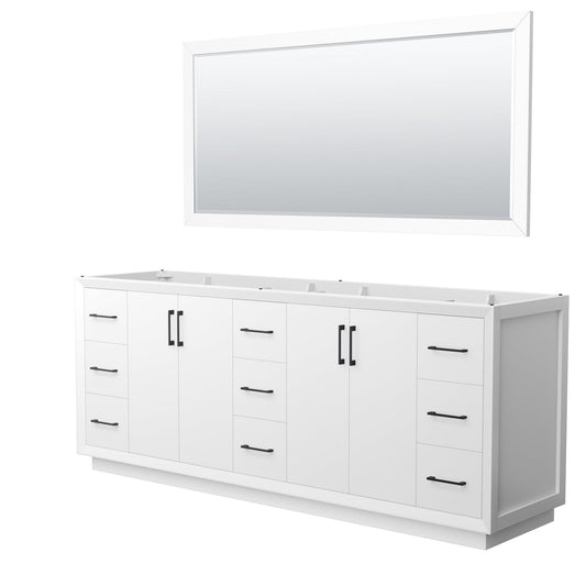 Wyndham Collection Strada 84" Double Bathroom Vanity in White, No Countertop, No Sink, Matte Black Trim, 70" Mirror