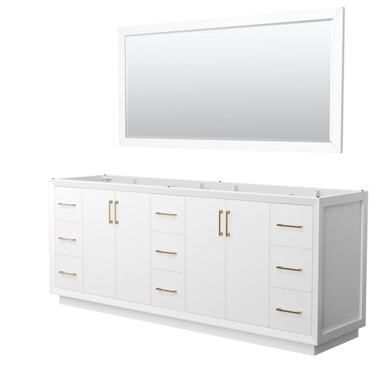 Wyndham Collection Strada 84" Double Bathroom Vanity in White, No Countertop, No Sink, Satin Bronze Trim, 70" Mirror