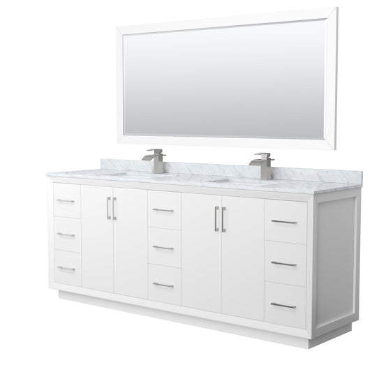 Wyndham Collection Strada 84" Double Bathroom Vanity in White, White Carrara Marble Countertop, Undermount Square Sink, Brushed Nickel Trim, 70" Mirror