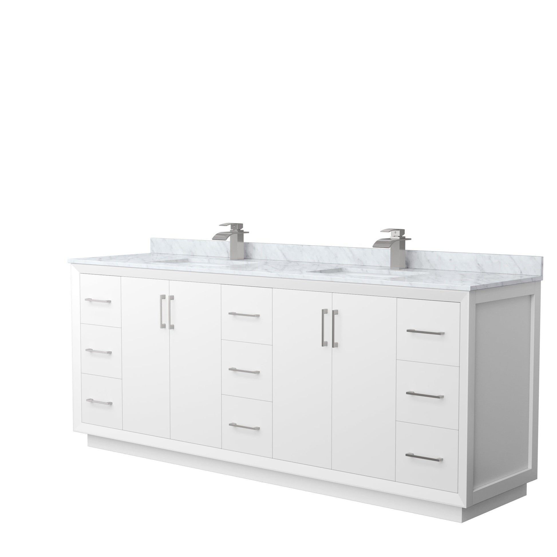 Wyndham Collection Strada 84" Double Bathroom Vanity in White, White Carrara Marble Countertop, Undermount Square Sink, Brushed Nickel Trim
