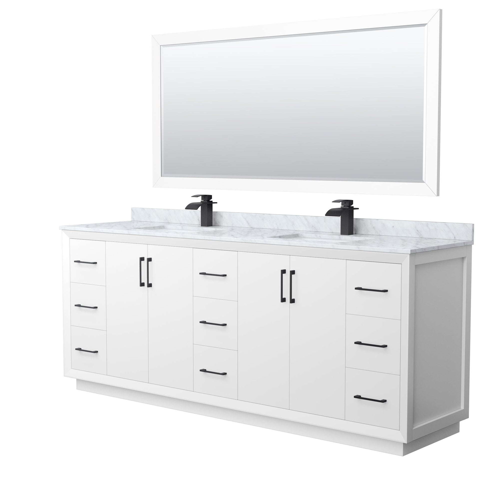 Wyndham Collection Strada 84" Double Bathroom Vanity in White, White Carrara Marble Countertop, Undermount Square Sink, Matte Black Trim, 70" Mirror