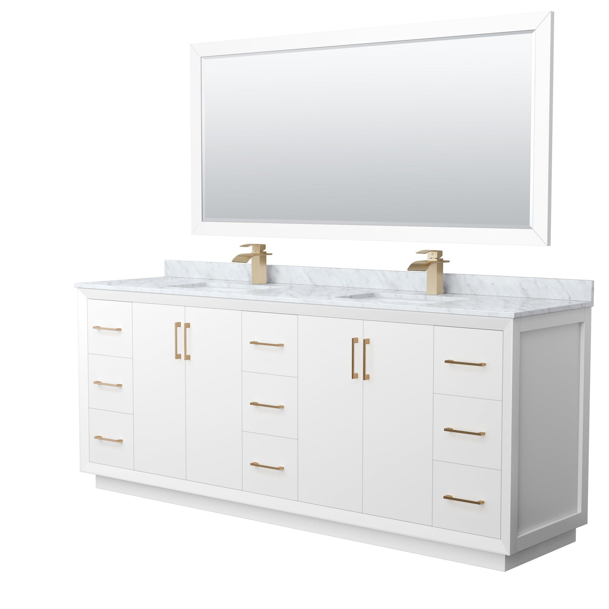 Wyndham Collection Strada 84" Double Bathroom Vanity in White, White Carrara Marble Countertop, Undermount Square Sink, Satin Bronze Trim, 70" Mirror