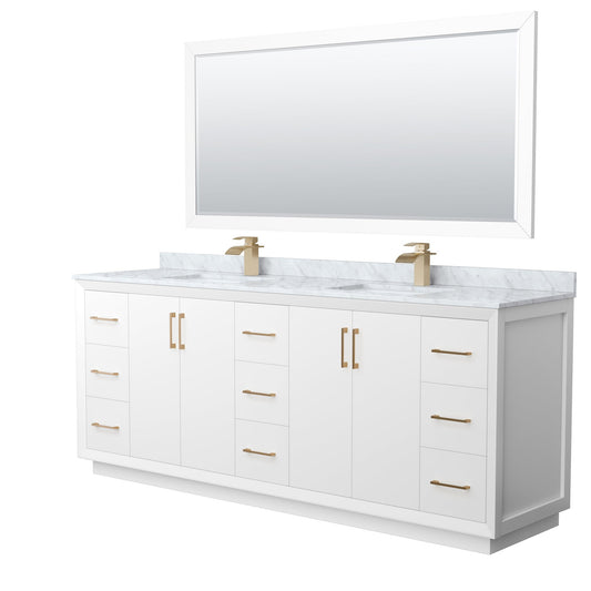 Wyndham Collection Strada 84" Double Bathroom Vanity in White, White Carrara Marble Countertop, Undermount Square Sink, Satin Bronze Trim, 70" Mirror