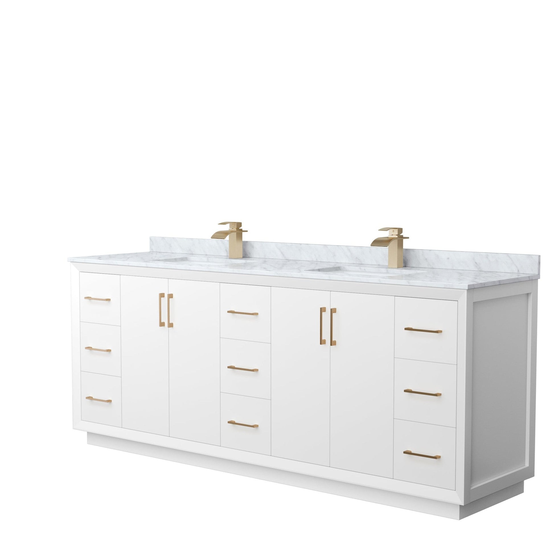Wyndham Collection Strada 84" Double Bathroom Vanity in White, White Carrara Marble Countertop, Undermount Square Sink, Satin Bronze Trim