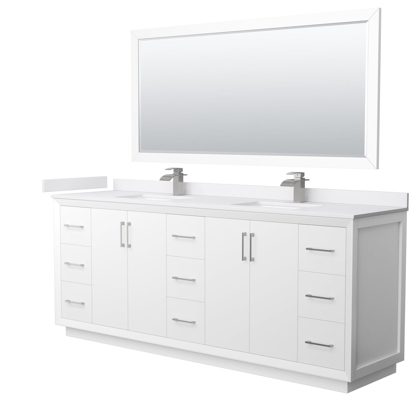 Wyndham Collection Strada 84" Double Bathroom Vanity in White, White Cultured Marble Countertop, Undermount Square Sink, Brushed Nickel Trim, 70" Mirror