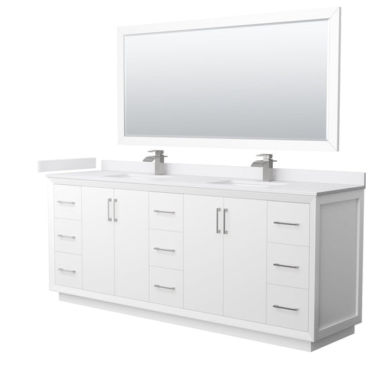 Wyndham Collection Strada 84" Double Bathroom Vanity in White, White Cultured Marble Countertop, Undermount Square Sink, Brushed Nickel Trim, 70" Mirror