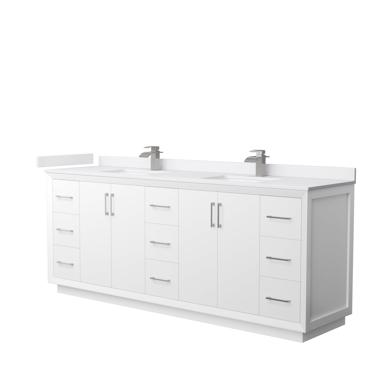 Wyndham Collection Strada 84" Double Bathroom Vanity in White, White Cultured Marble Countertop, Undermount Square Sink, Brushed Nickel Trim