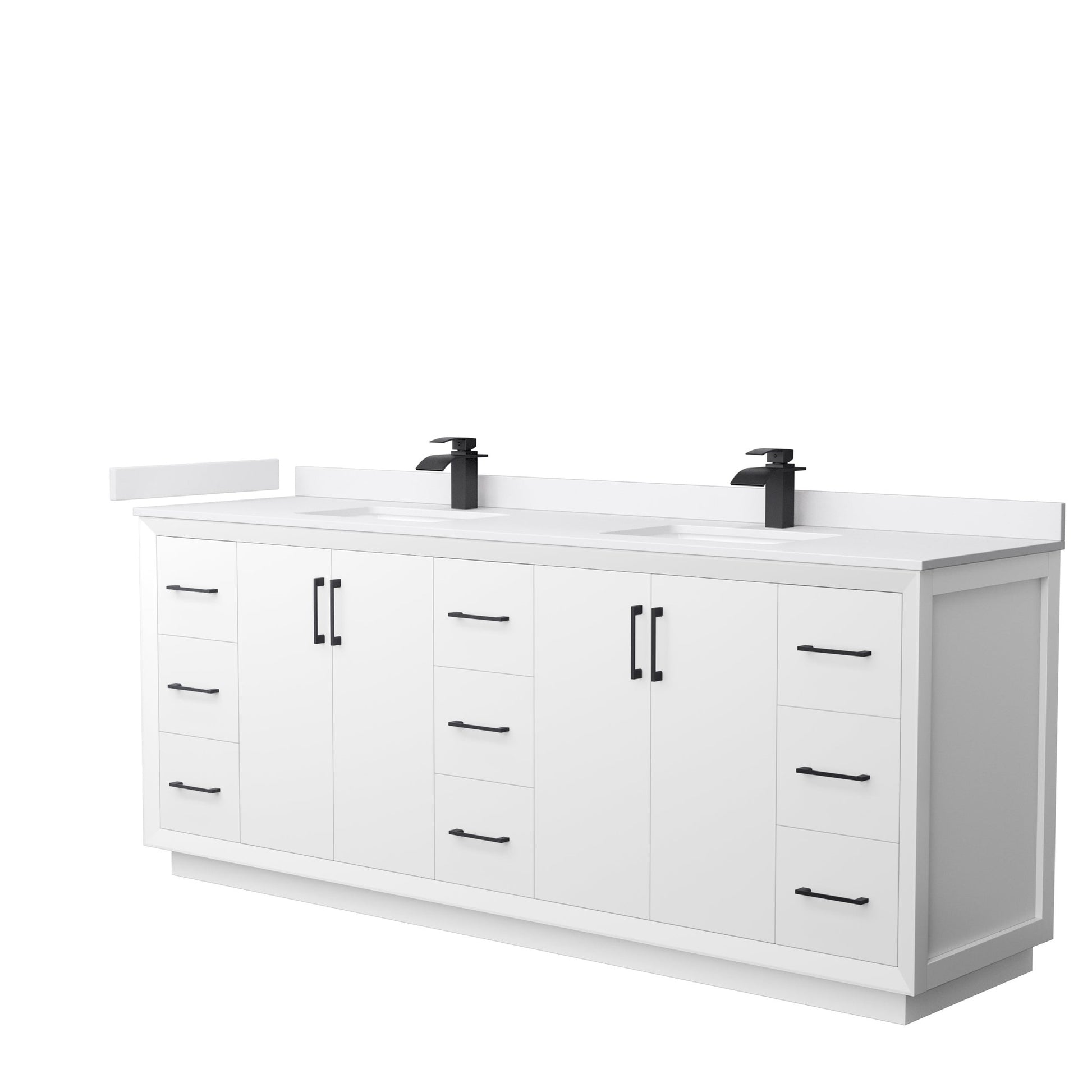 Wyndham Collection Strada 84" Double Bathroom Vanity in White, White Cultured Marble Countertop, Undermount Square Sink, Matte Black Trim