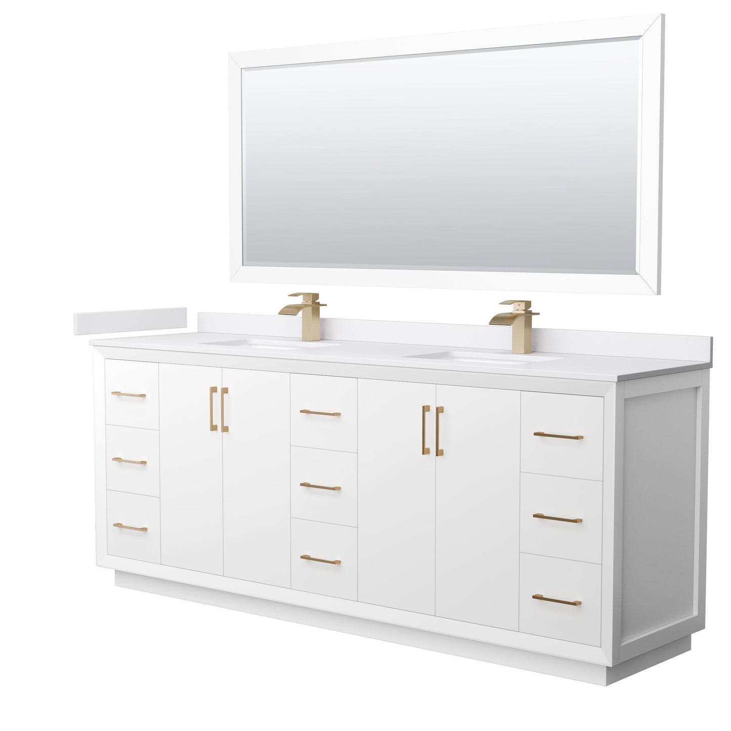 Wyndham Collection Strada 84" Double Bathroom Vanity in White, White Cultured Marble Countertop, Undermount Square Sink, Satin Bronze Trim, 70" Mirror