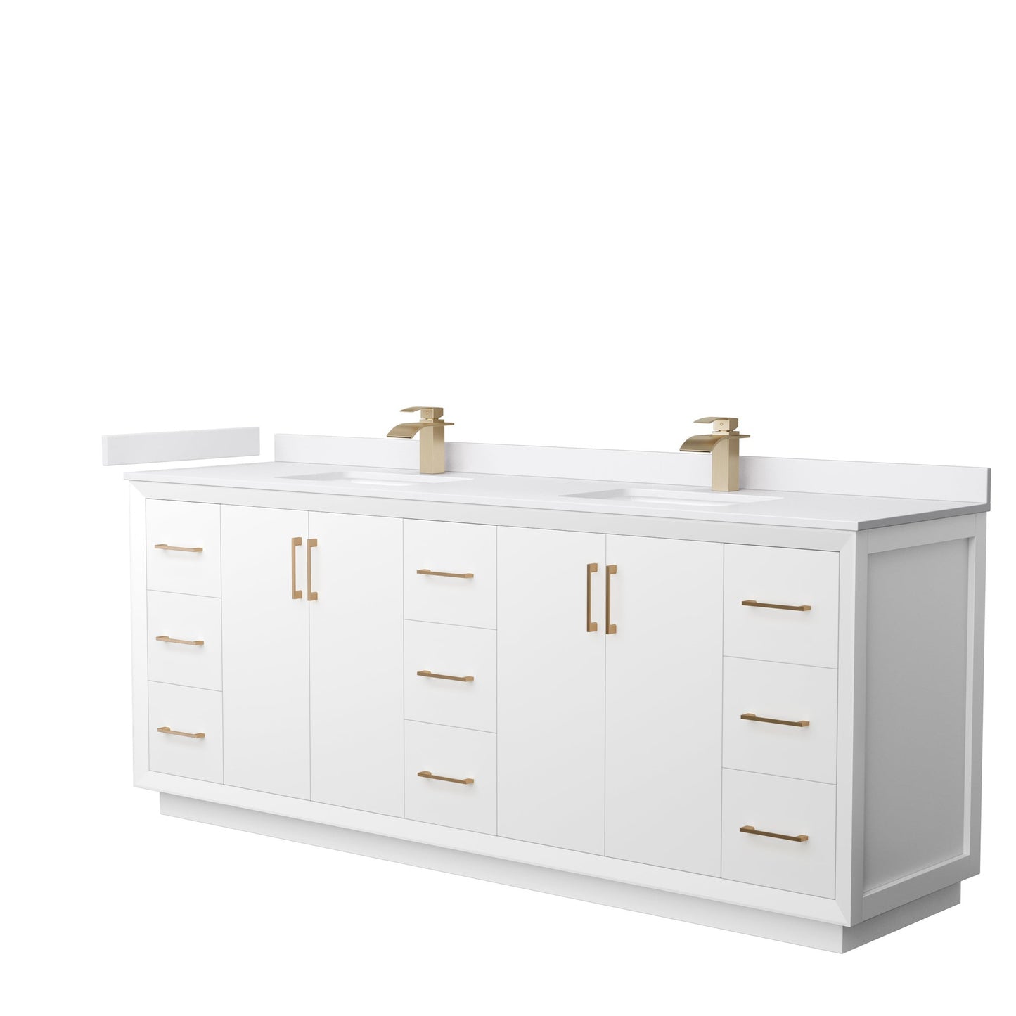 Wyndham Collection Strada 84" Double Bathroom Vanity in White, White Cultured Marble Countertop, Undermount Square Sink, Satin Bronze Trim
