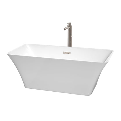 Wyndham Collection Tiffany 59" Freestanding Bathtub in White With Floor Mounted Faucet, Drain and Overflow Trim in Brushed Nickel