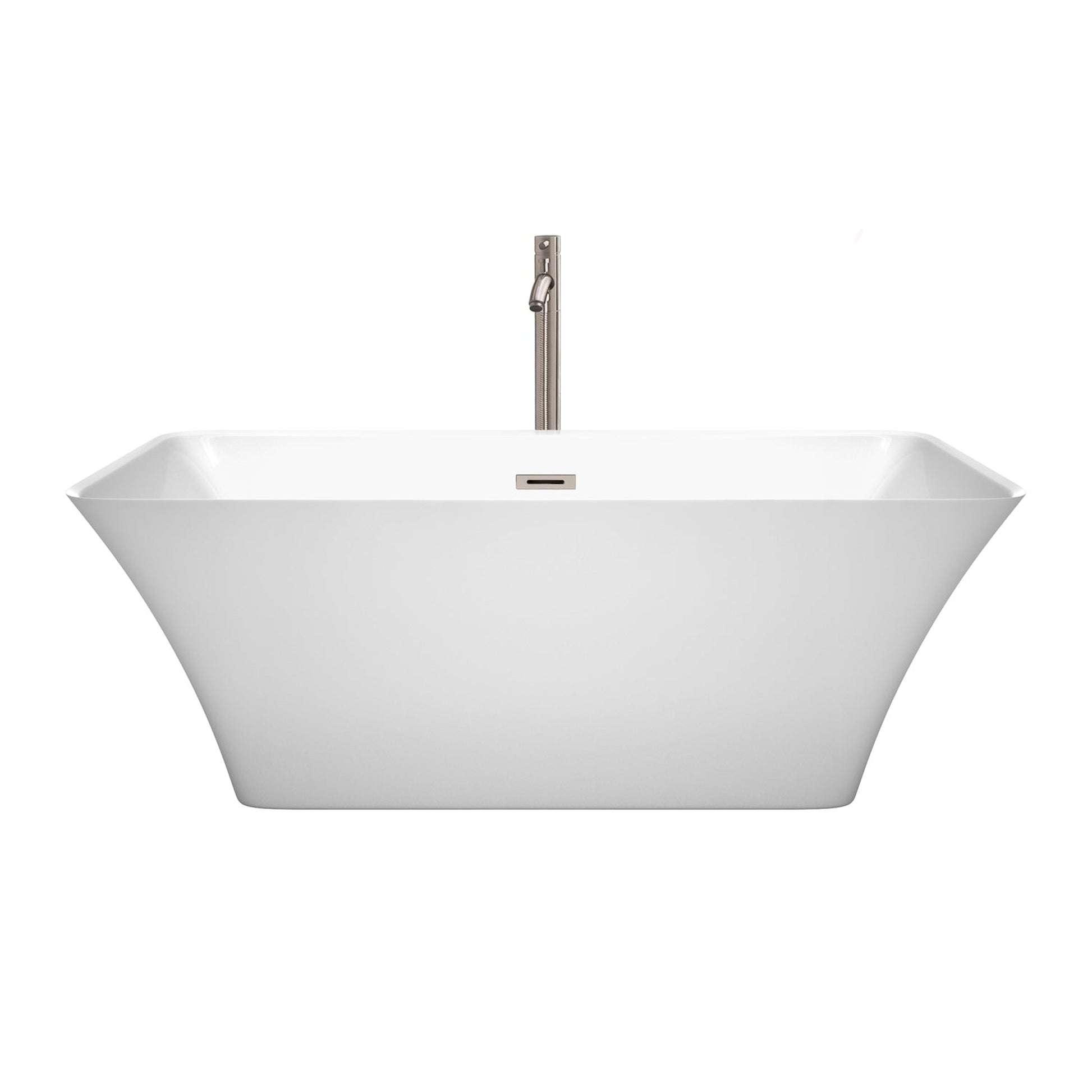 Wyndham Collection Tiffany 59" Freestanding Bathtub in White With Floor Mounted Faucet, Drain and Overflow Trim in Brushed Nickel