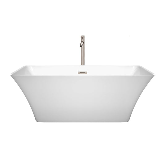 Wyndham Collection Tiffany 59" Freestanding Bathtub in White With Floor Mounted Faucet, Drain and Overflow Trim in Brushed Nickel