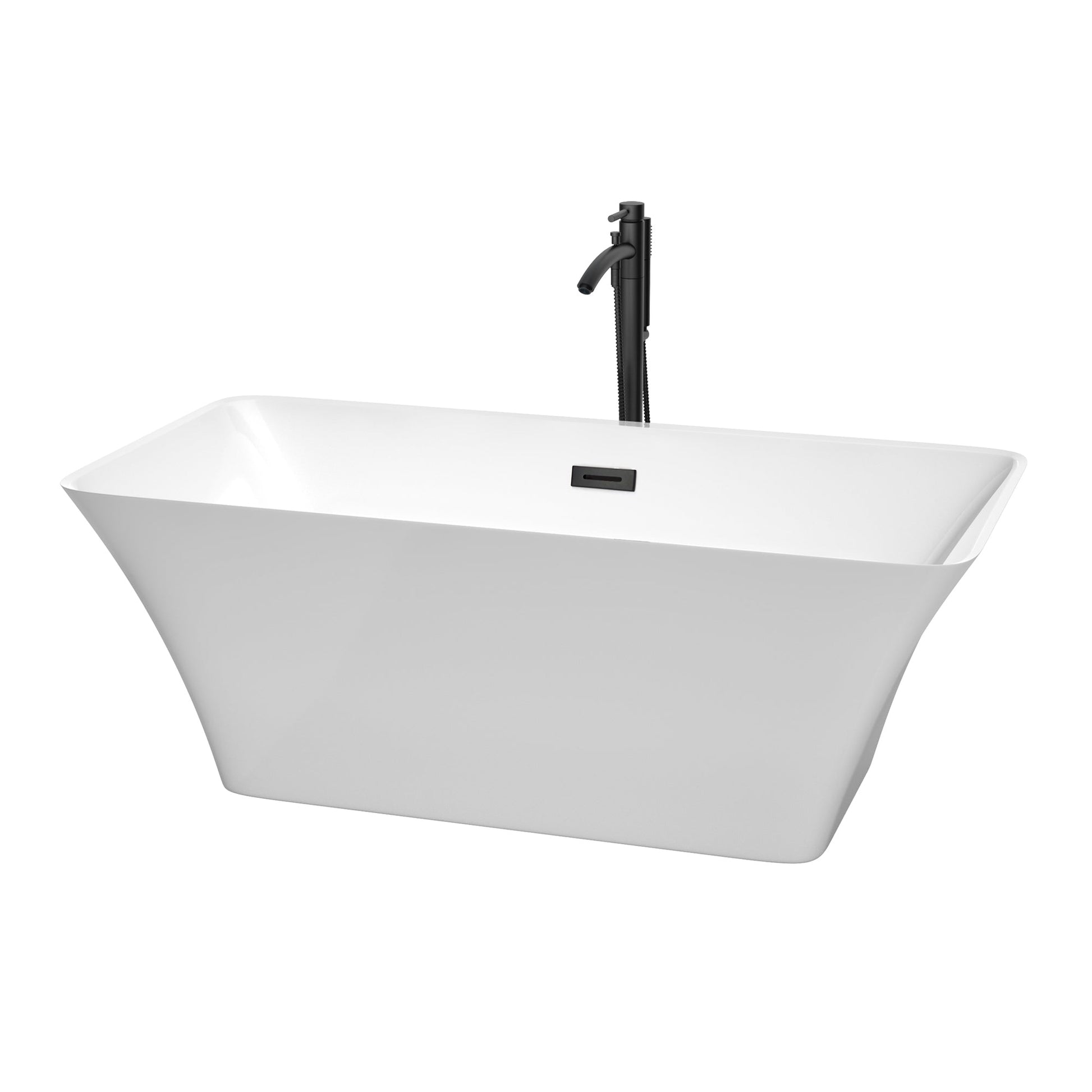Wyndham Collection Tiffany 59" Freestanding Bathtub in White With Floor Mounted Faucet, Drain and Overflow Trim in Matte Black
