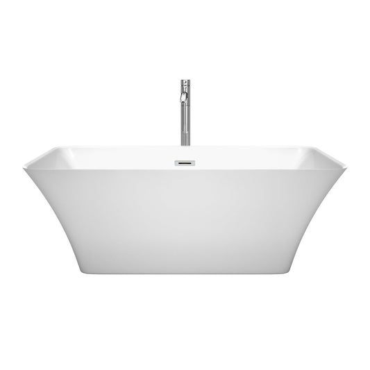 Wyndham Collection Tiffany 59" Freestanding Bathtub in White With Floor Mounted Faucet, Drain and Overflow Trim in Polished Chrome