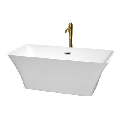 Wyndham Collection Tiffany 59" Freestanding Bathtub in White With Polished Chrome Trim and Floor Mounted Faucet in Brushed Gold