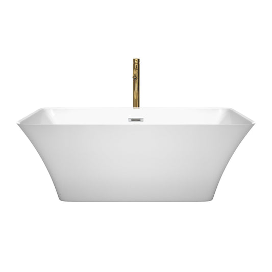 Wyndham Collection Tiffany 59" Freestanding Bathtub in White With Polished Chrome Trim and Floor Mounted Faucet in Brushed Gold