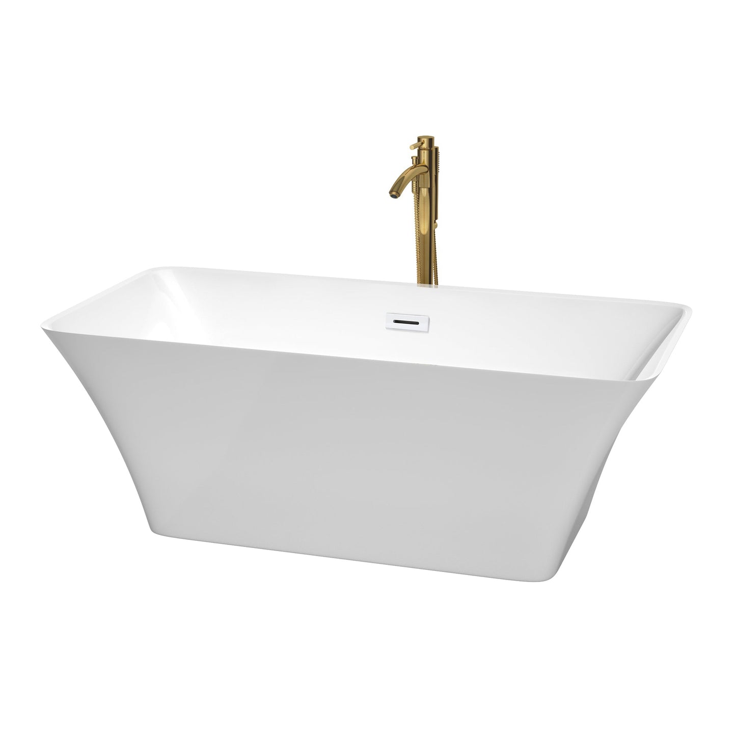 Wyndham Collection Tiffany 59" Freestanding Bathtub in White With Shiny White Trim and Floor Mounted Faucet in Brushed Gold