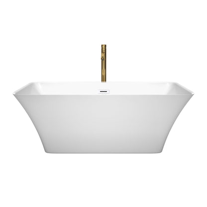 Wyndham Collection Tiffany 59" Freestanding Bathtub in White With Shiny White Trim and Floor Mounted Faucet in Brushed Gold