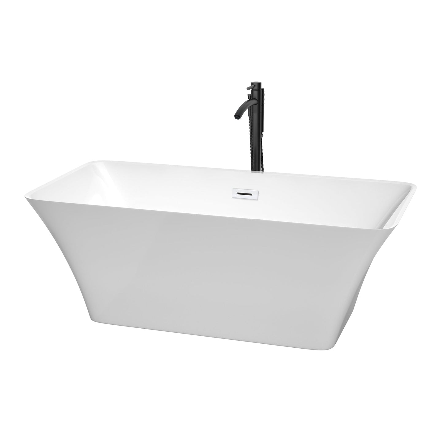 Wyndham Collection Tiffany 59" Freestanding Bathtub in White With Shiny White Trim and Floor Mounted Faucet in Matte Black