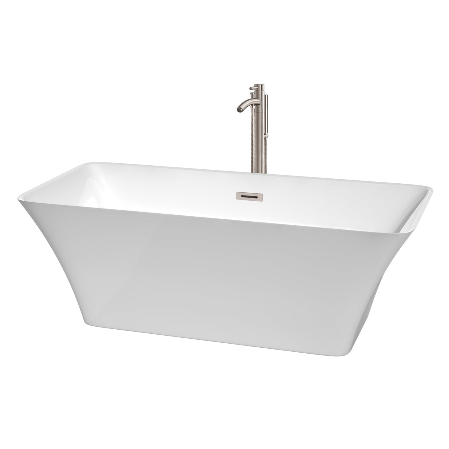 Wyndham Collection Tiffany 67" Freestanding Bathtub in White With Floor Mounted Faucet, Drain and Overflow Trim in Brushed Nickel