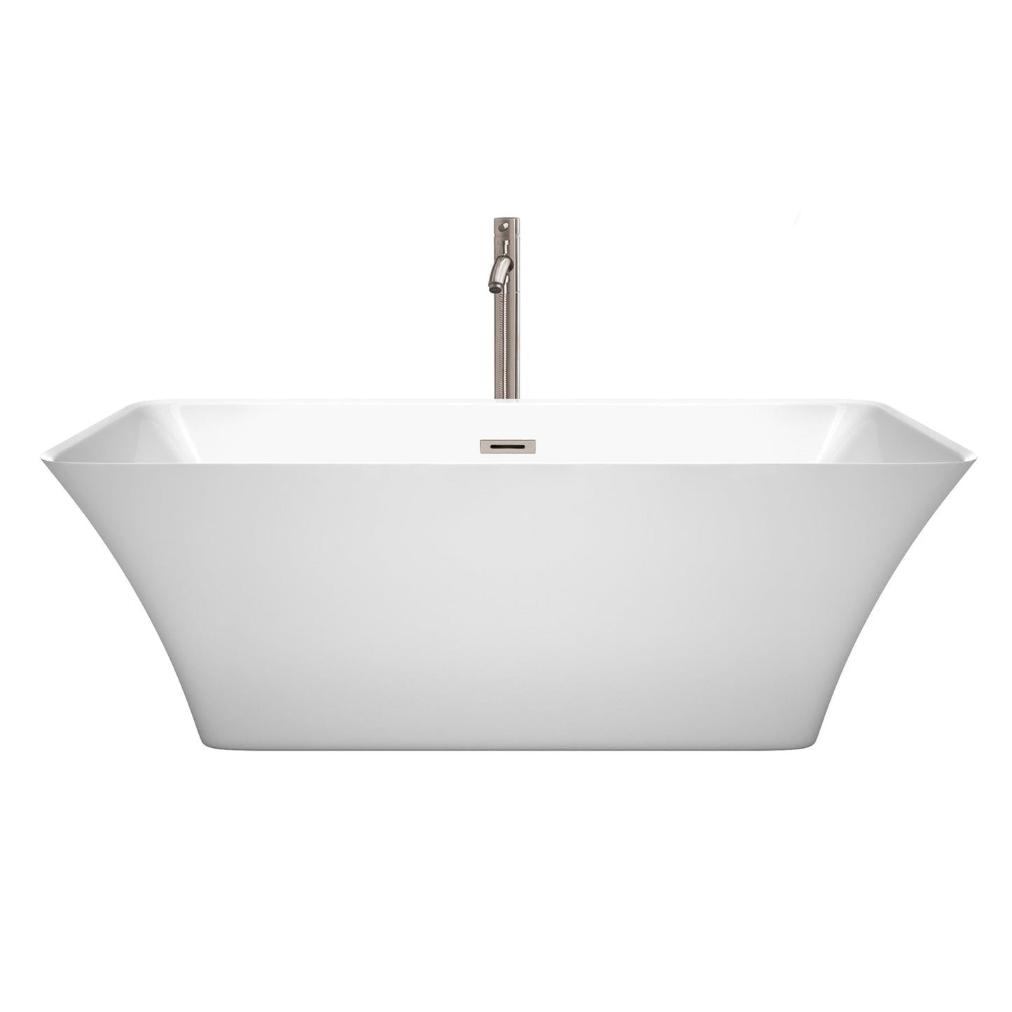 Wyndham Collection Tiffany 67" Freestanding Bathtub in White With Floor Mounted Faucet, Drain and Overflow Trim in Brushed Nickel