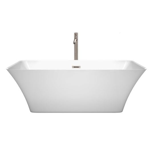 Wyndham Collection Tiffany 67" Freestanding Bathtub in White With Floor Mounted Faucet, Drain and Overflow Trim in Brushed Nickel