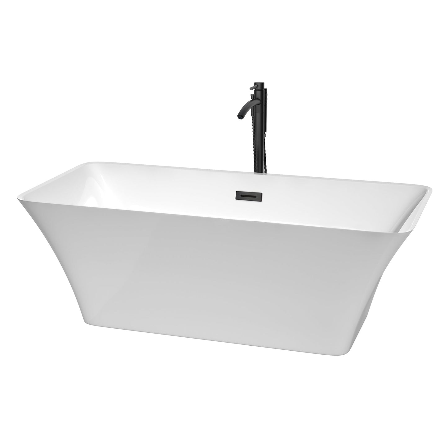 Wyndham Collection Tiffany 67" Freestanding Bathtub in White With Floor Mounted Faucet, Drain and Overflow Trim in Matte Black