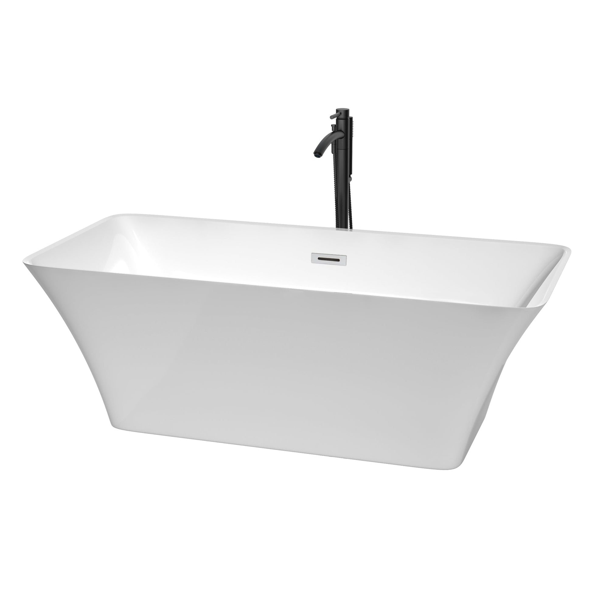 Wyndham Collection Tiffany 67" Freestanding Bathtub in White With Polished Chrome Trim and Floor Mounted Faucet in Matte Black