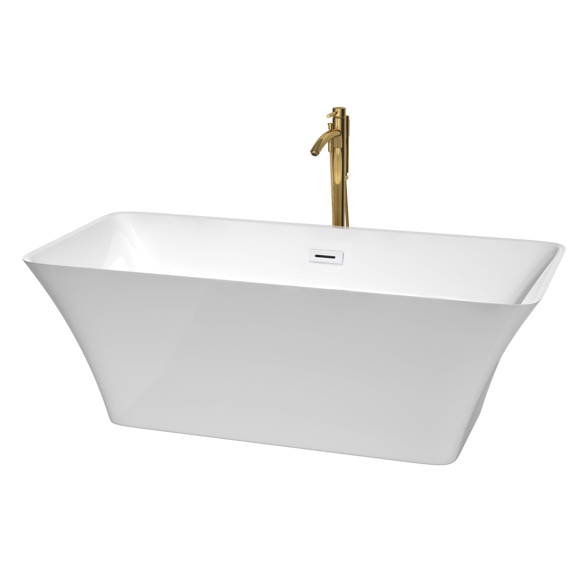 Wyndham Collection Tiffany 67" Freestanding Bathtub in White With Shiny White Trim and Floor Mounted Faucet in Brushed Gold