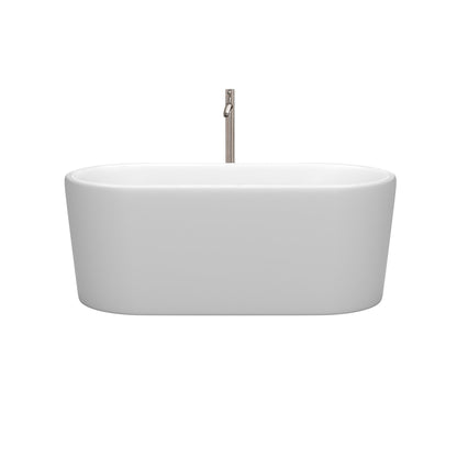 Wyndham Collection Ursula 59" Freestanding Bathtub in Matte White With Floor Mounted Faucet, Drain and Overflow Trim in Brushed Nickel