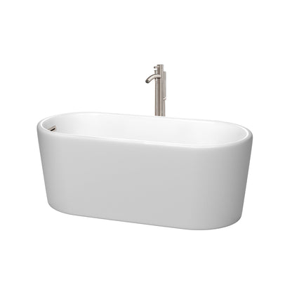 Wyndham Collection Ursula 59" Freestanding Bathtub in Matte White With Floor Mounted Faucet, Drain and Overflow Trim in Brushed Nickel