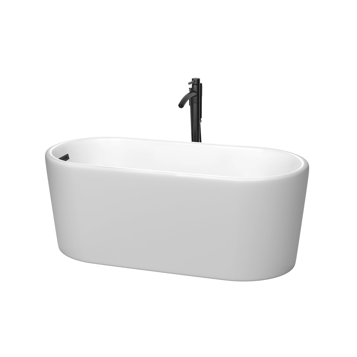 Wyndham Collection Ursula 59" Freestanding Bathtub in Matte White With Floor Mounted Faucet, Drain and Overflow Trim in Matte Black