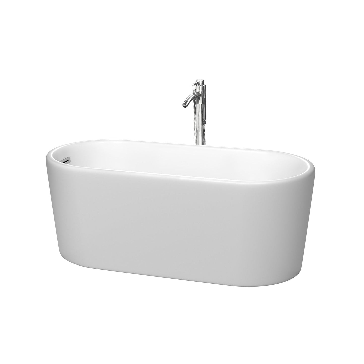 Wyndham Collection Ursula 59" Freestanding Bathtub in Matte White With Floor Mounted Faucet, Drain and Overflow Trim in Polished Chrome