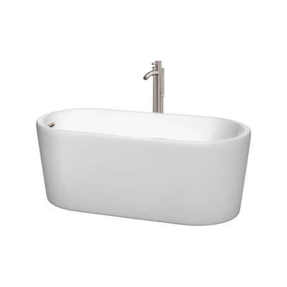 Wyndham Collection Ursula 59" Freestanding Bathtub in White With Floor Mounted Faucet, Drain and Overflow Trim in Brushed Nickel