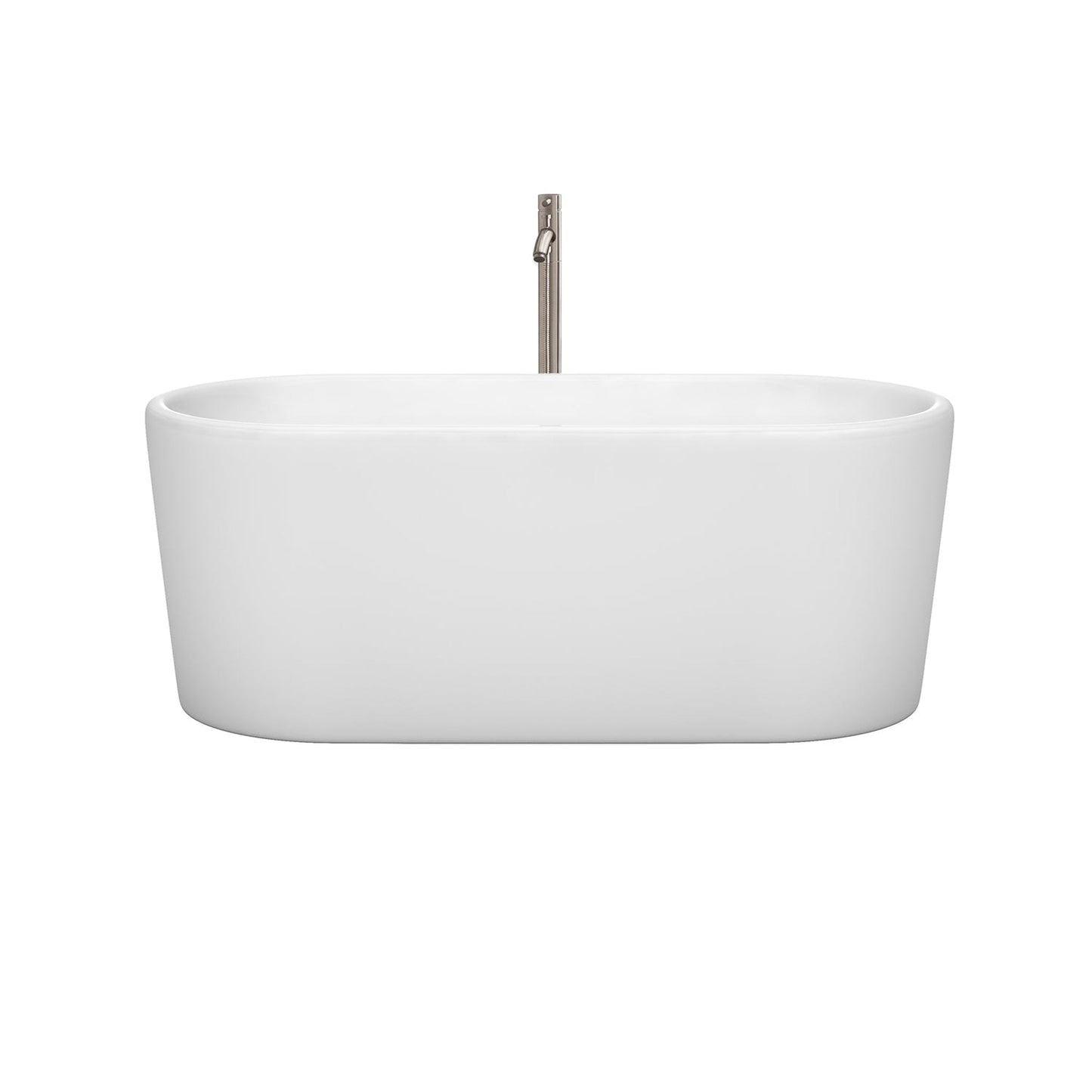 Wyndham Collection Ursula 59" Freestanding Bathtub in White With Floor Mounted Faucet, Drain and Overflow Trim in Brushed Nickel