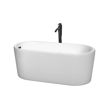 Wyndham Collection Ursula 59" Freestanding Bathtub in White With Floor Mounted Faucet, Drain and Overflow Trim in Matte Black