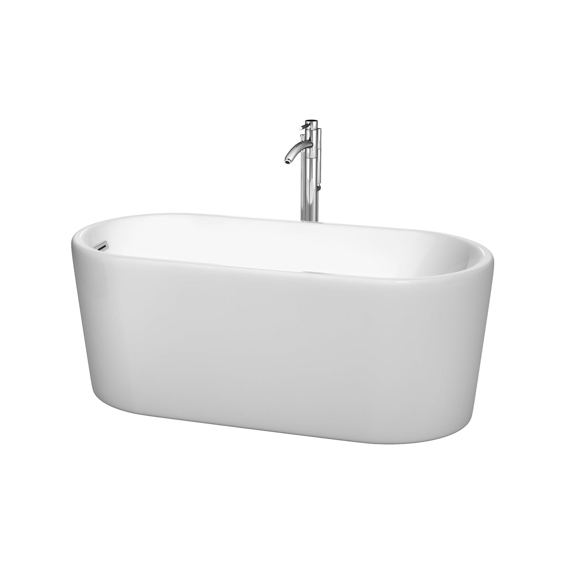 Wyndham Collection Ursula 59" Freestanding Bathtub in White With Floor Mounted Faucet, Drain and Overflow Trim in Polished Chrome