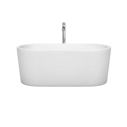 Wyndham Collection Ursula 59" Freestanding Bathtub in White With Floor Mounted Faucet, Drain and Overflow Trim in Polished Chrome