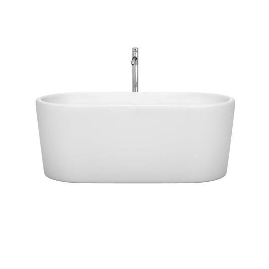 Wyndham Collection Ursula 59" Freestanding Bathtub in White With Floor Mounted Faucet, Drain and Overflow Trim in Polished Chrome