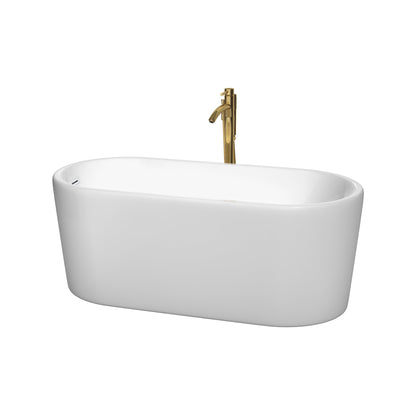Wyndham Collection Ursula 59" Freestanding Bathtub in White With Shiny White Trim and Floor Mounted Faucet in Brushed Gold