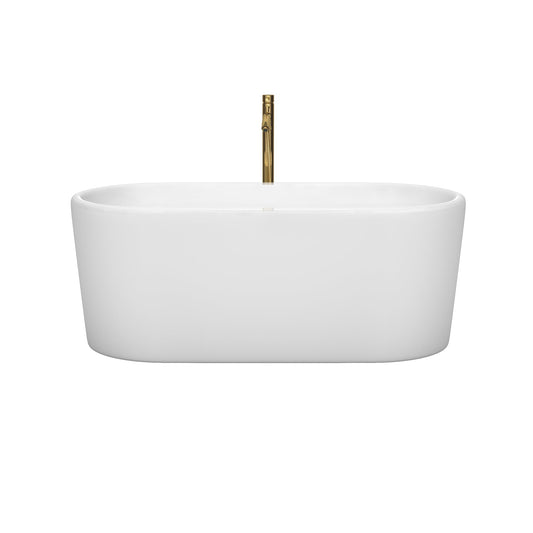 Wyndham Collection Ursula 59" Freestanding Bathtub in White With Shiny White Trim and Floor Mounted Faucet in Brushed Gold