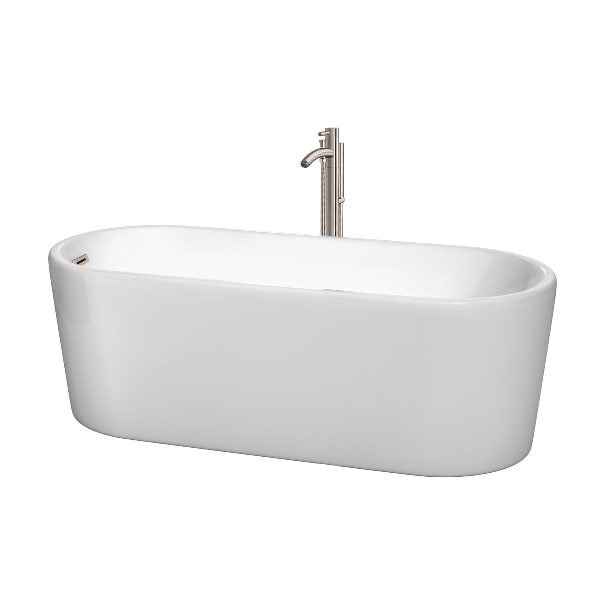 Wyndham Collection Ursula 67" Freestanding Bathtub in White With Floor Mounted Faucet, Drain and Overflow Trim in Brushed Nickel