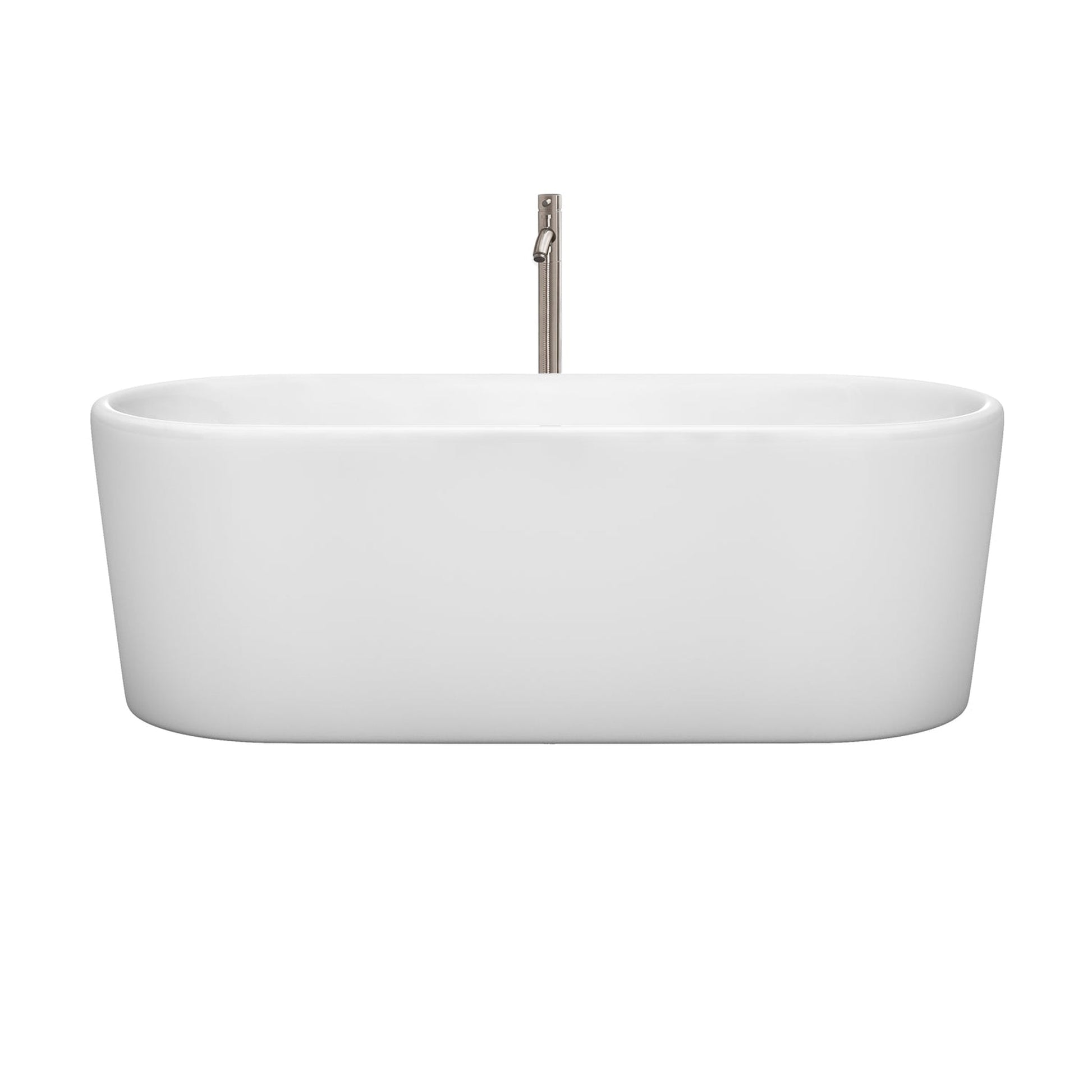 Wyndham Collection Ursula 67" Freestanding Bathtub in White With Floor Mounted Faucet, Drain and Overflow Trim in Brushed Nickel